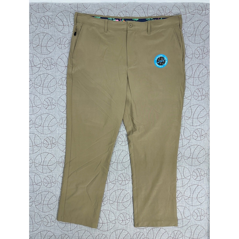 Birdie Bound Golf Pants Khaki‎ Flex Waist Floral Trim / Mens 38x30